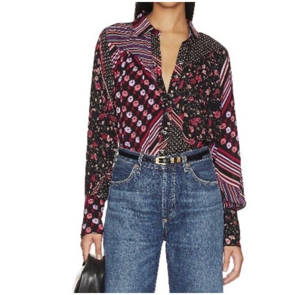 Free People Hazel Buttondown Blouse in Black Combo Floral Size Medium ob1597926